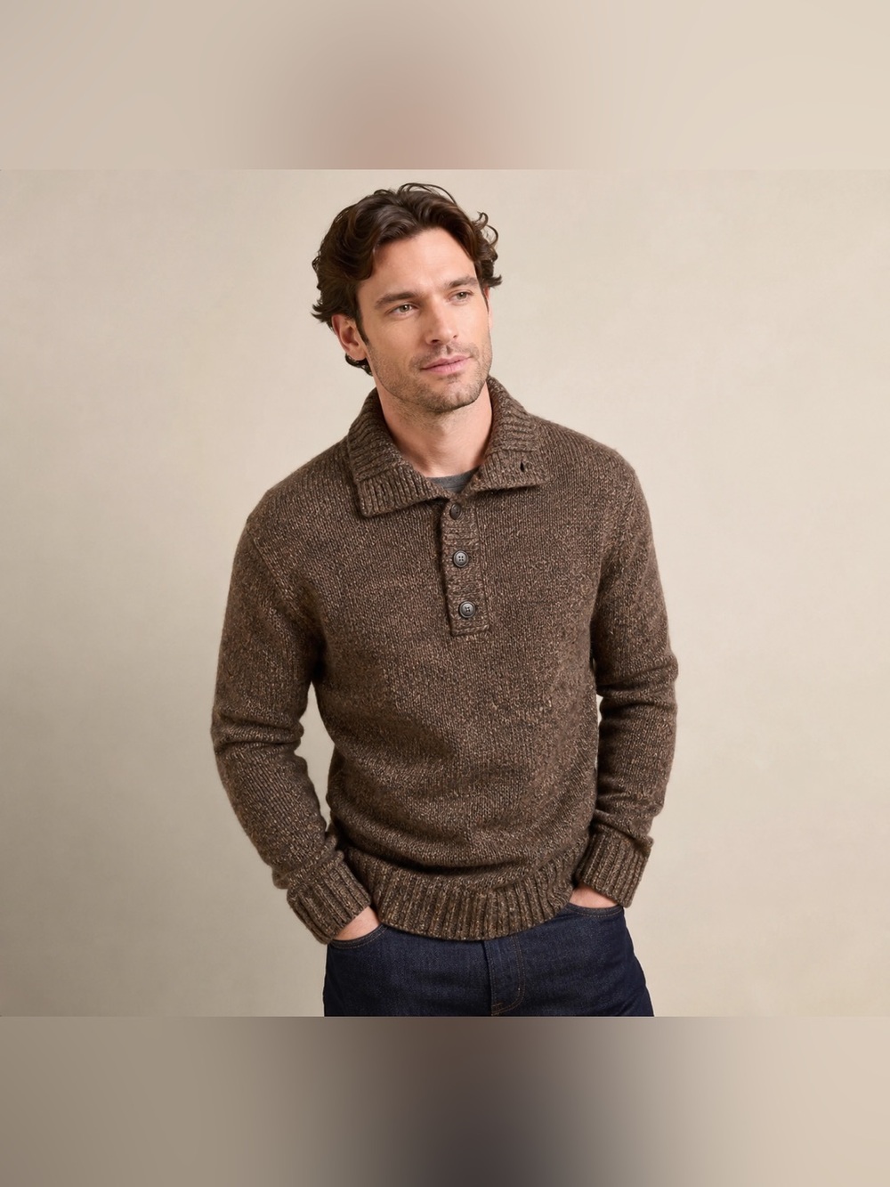 Banana Republic Angora Wool Blend Brown 3 Button Collar Sweater Men’s L
